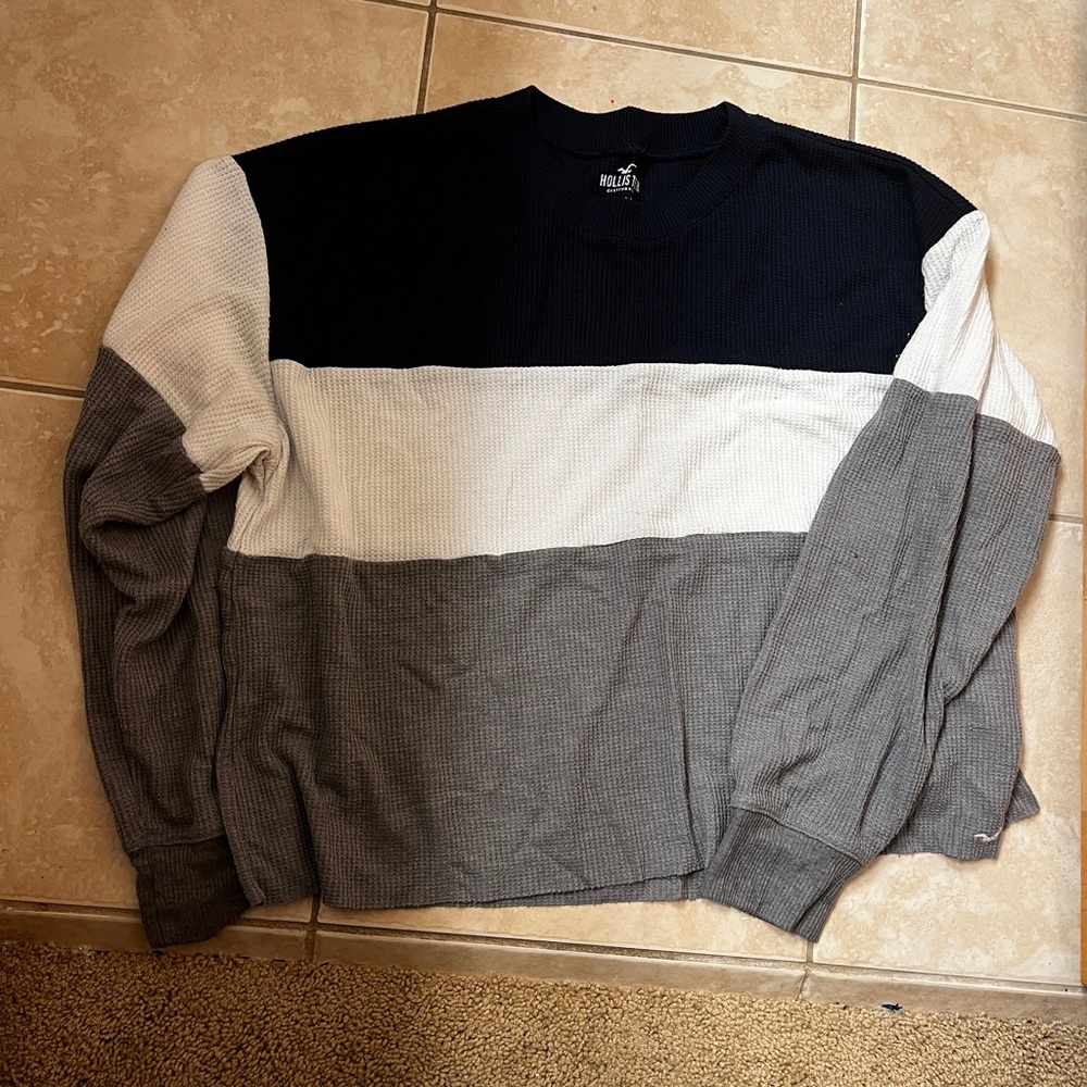 Hollister Waffle Long Sleeve Shirt Blue Navy White Gray